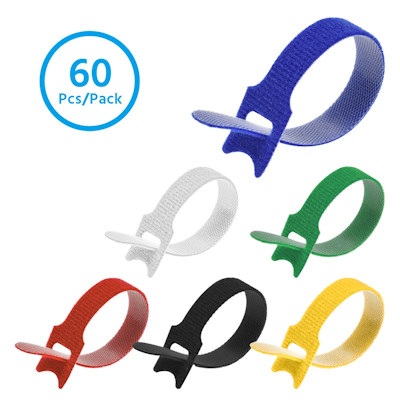 6inch Cable Ties (Hook/Loop Fabric, Pkg of 60, Assorted Colors