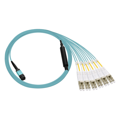 5 Meter MPO OM4 to 12-Fiber to 6-LC Duplex Breakout Aqua OFNR