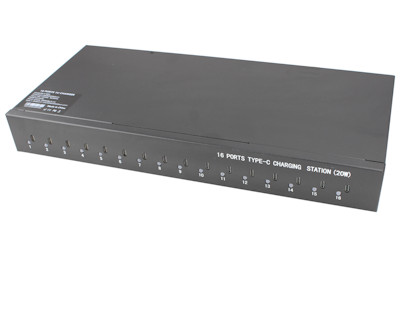 16 Port USB Type-C Rack Mountable Power Bar, Port Power Light, 20W per port, Black