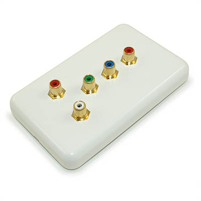 Wall plate: 5 RCA component (3 Video + 2 Audio) Gold Plated, White