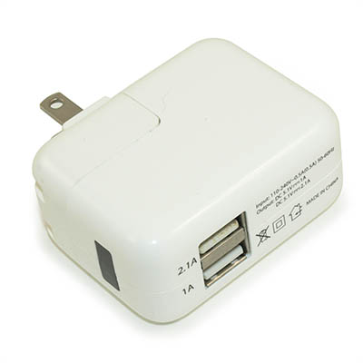 2 Port 110v/5v USB 2100ma Charger, White