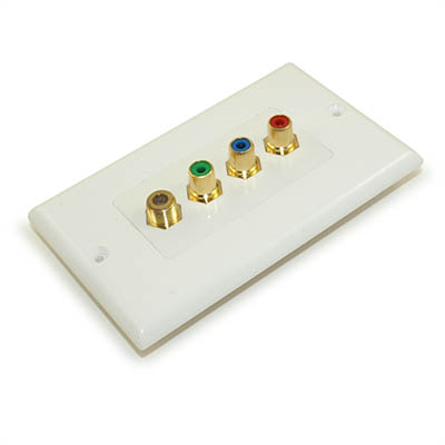 Wall plate: 3 RCA component w/F connector (Coax) Gold Plated, White