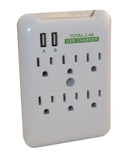 Full Wall Charger with 6x110v Pass-Thru, and 2 USB Charge Ports, 2.4 Amps