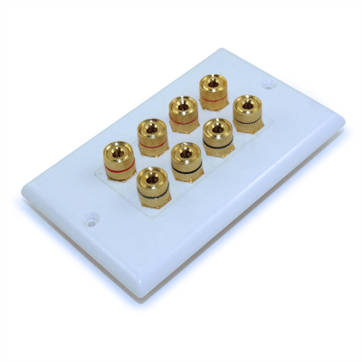 Wallplate  4 Speaker (8 input jacks) for Banana Plugs Gold Plate,White