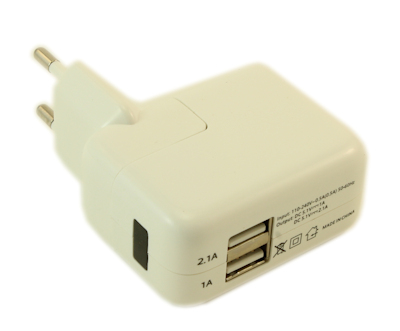 2 Port 220v/5v USB 2100ma European (Type F) Charger, White