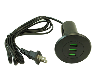 3 Port USB 3.1 Amp Grommet/Desk Style Power Stations Charger, Black