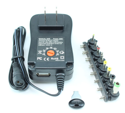 Power Supply, 3-12 Volts, 30 Watts, 8 Switchable Barrel Connector Ends